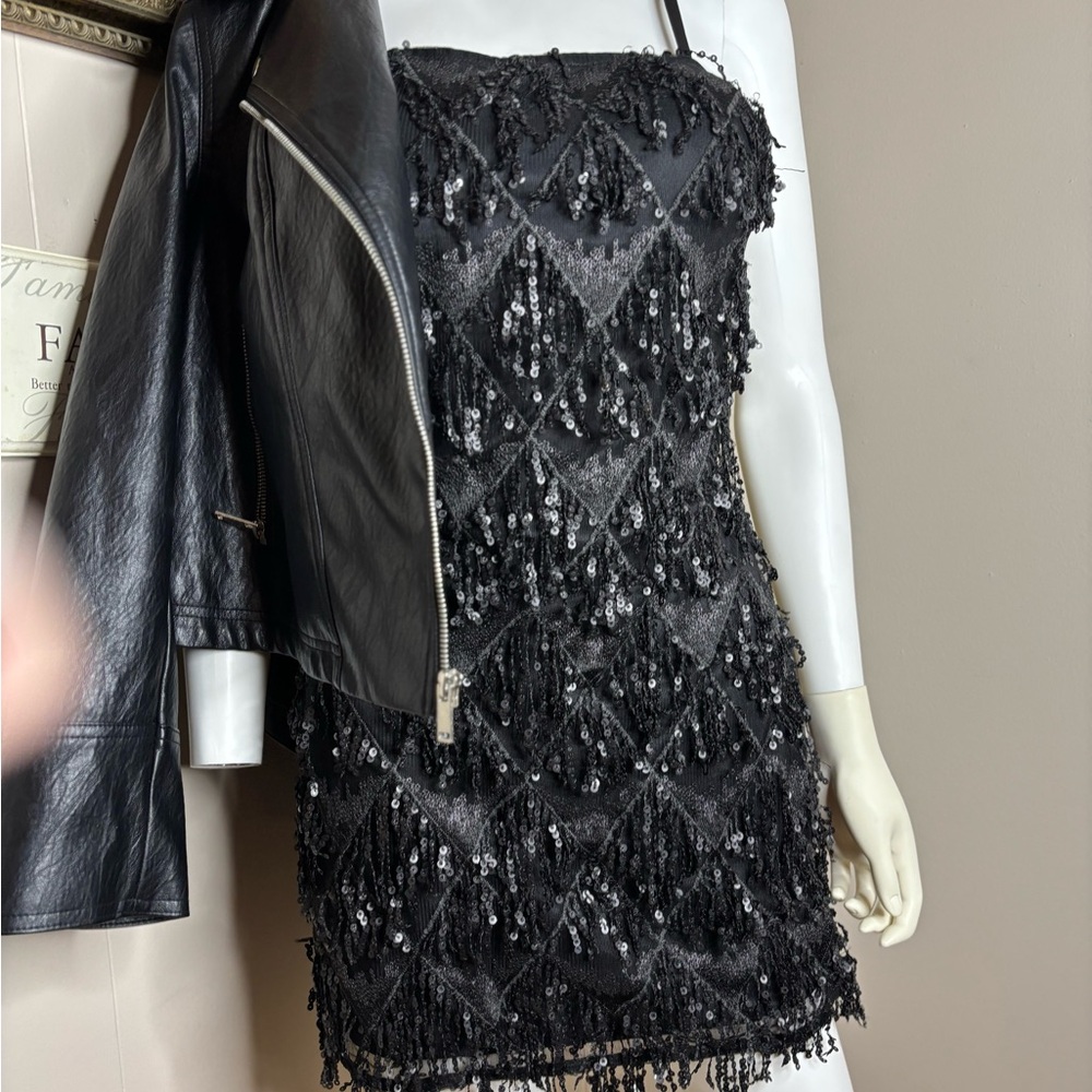 Chic Black Sequin Fringe Mini Dress - Picture 2 of 4